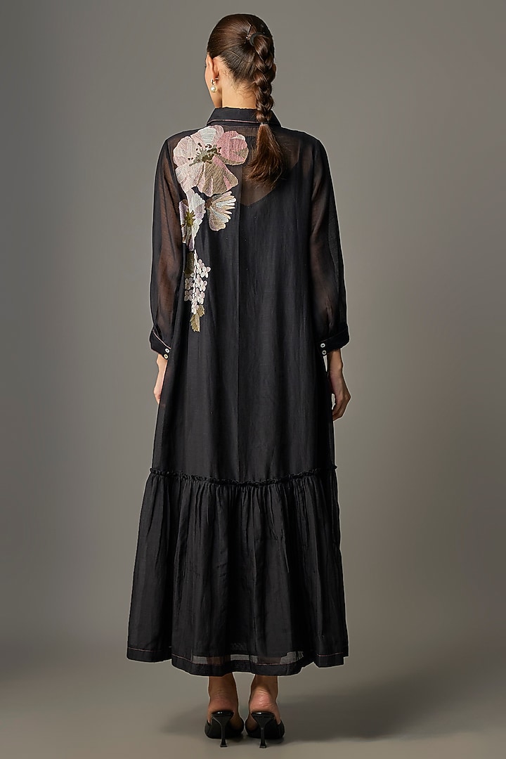 Black Fine Chanderi Embroidered Flapper Midi Shirt Tunic by Half Full Curve at Pernia's Pop Up Shop