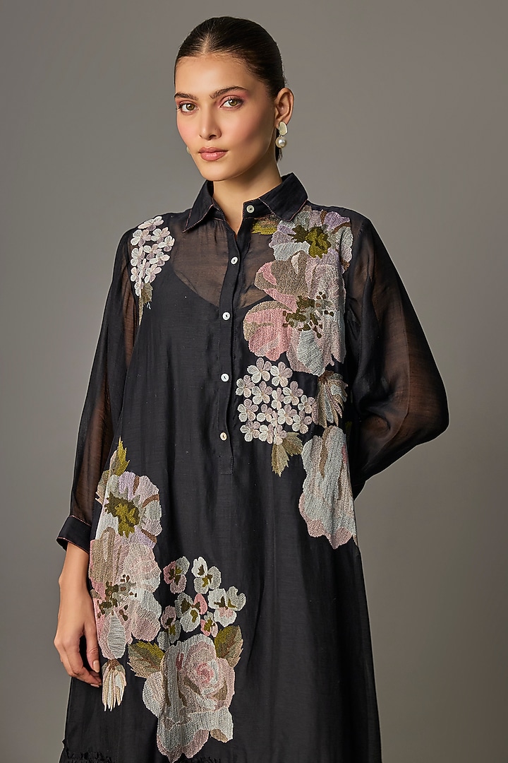 Black Fine Chanderi Embroidered Flapper Midi Shirt Tunic by Half Full Curve at Pernia's Pop Up Shop
