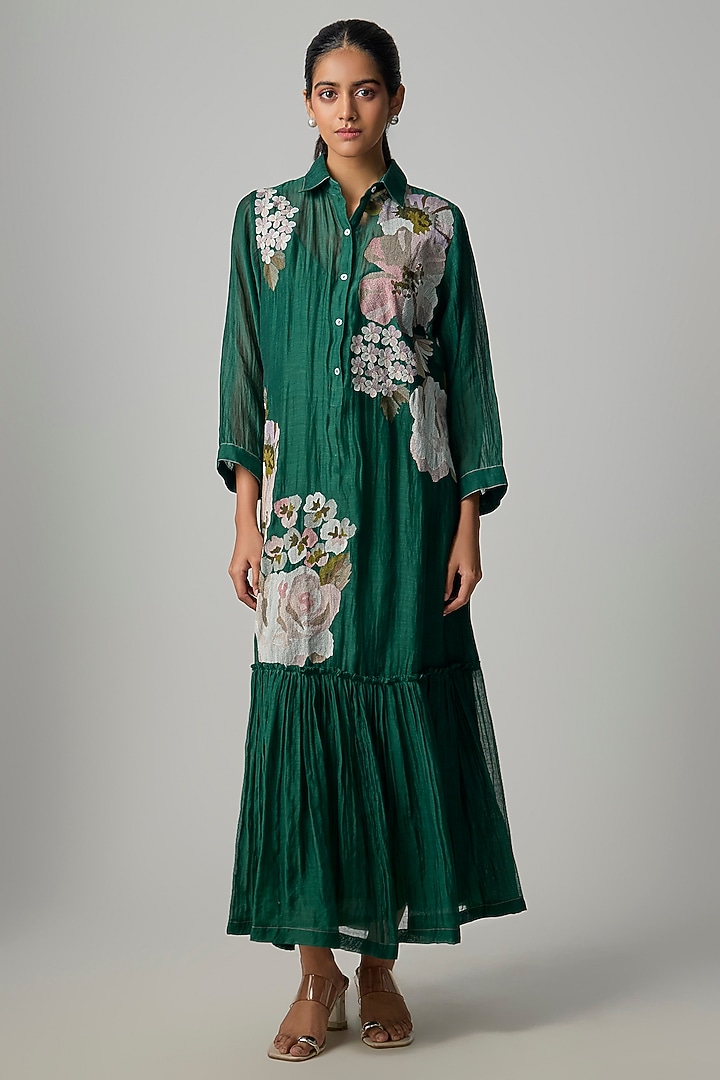Emerald Fine Chanderi Embroidered Flapper Midi Shirt Tunic by Half Full Curve at Pernia's Pop Up Shop