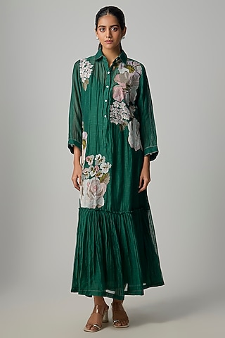 Emerald Fine Chanderi Embroidered Flapper Midi Shirt Tunic by Half Full Curve