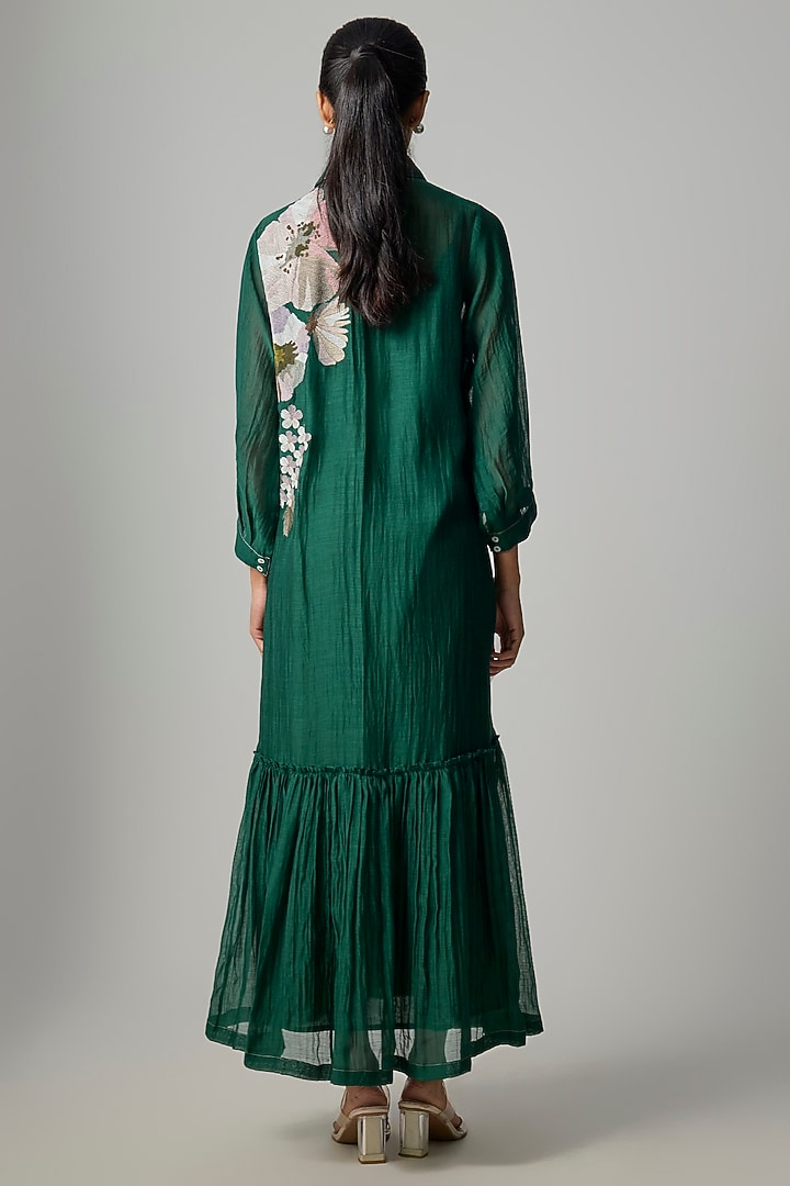 Emerald Fine Chanderi Embroidered Flapper Midi Shirt Tunic by Half Full Curve at Pernia's Pop Up Shop
