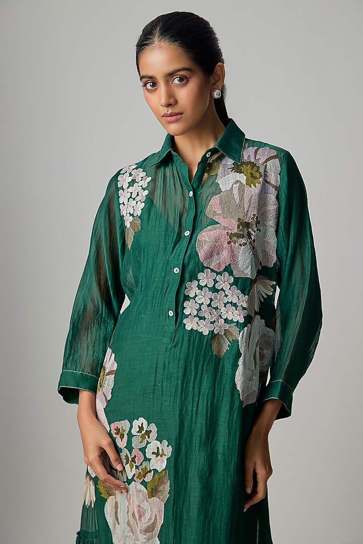 Emerald Fine Chanderi Embroidered Flapper Midi Shirt Tunic by Half Full Curve at Pernia's Pop Up Shop