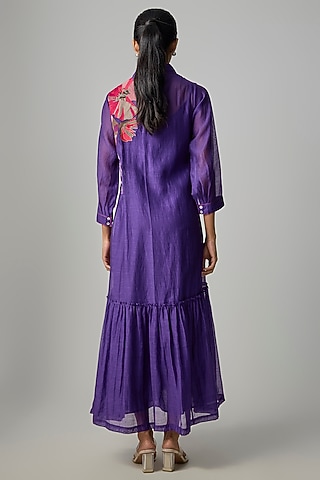 Purple Fine Chanderi Embroidered Flapper Midi Shirt Tunic by Half Full Curve
