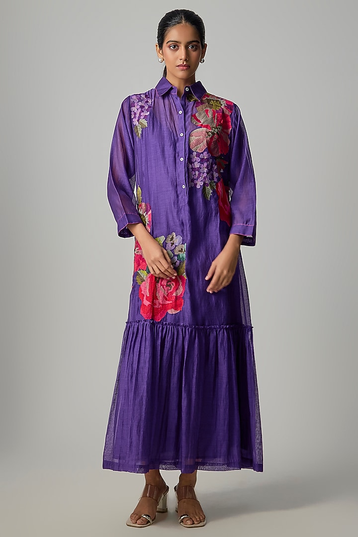 Purple Fine Chanderi Embroidered Flapper Midi Shirt Tunic by Half Full Curve at Pernia's Pop Up Shop