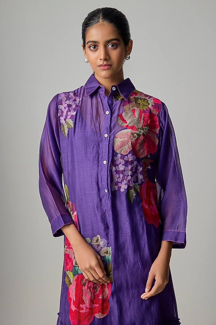 Purple Fine Chanderi Embroidered Flapper Midi Shirt Tunic by Half Full Curve at Pernia's Pop Up Shop