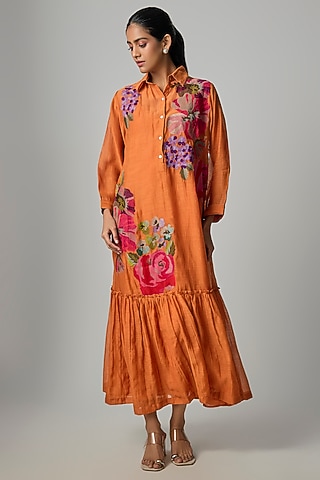 Orange Fine Chanderi Embroidered Flapper Midi Shirt Tunic by Half Full Curve
