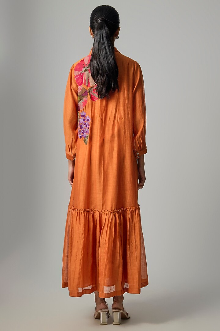 Orange Fine Chanderi Embroidered Flapper Midi Shirt Tunic by Half Full Curve at Pernia's Pop Up Shop