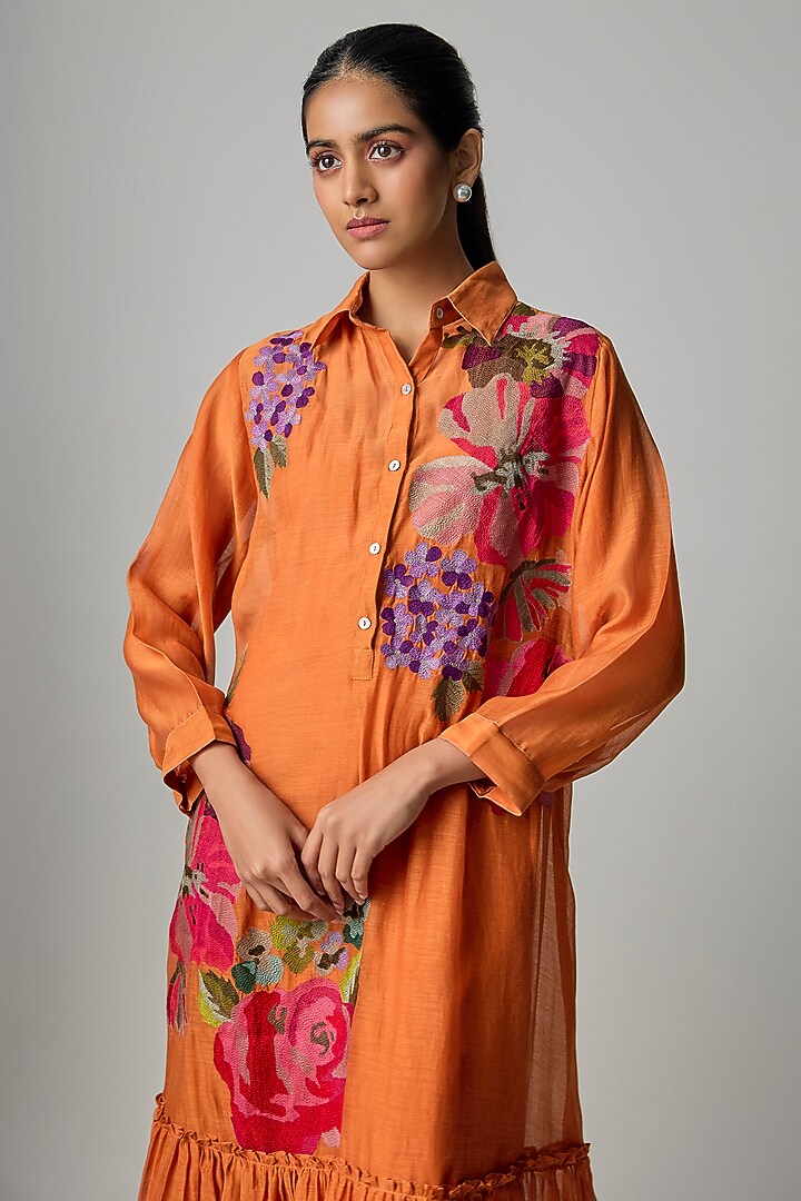 Orange Fine Chanderi Embroidered Flapper Midi Shirt Tunic by Half Full Curve at Pernia's Pop Up Shop