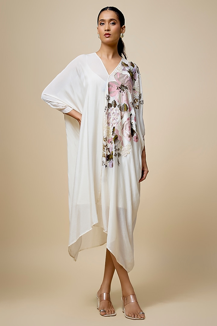 Ivory Crepe Chiffon Hand Embroidered Draped Midi Vacation Dress by Half Full Curve at Pernia's Pop Up Shop