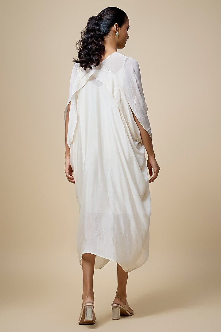 Ivory Crepe Chiffon Hand Embroidered Draped Midi Vacation Dress by Half Full Curve at Pernia's Pop Up Shop