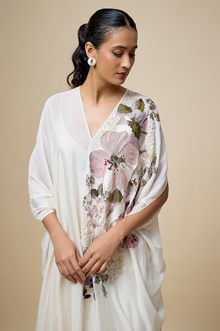 Ivory Crepe Chiffon Hand Embroidered Draped Midi Vacation Dress by Half Full Curve at Pernia's Pop Up Shop