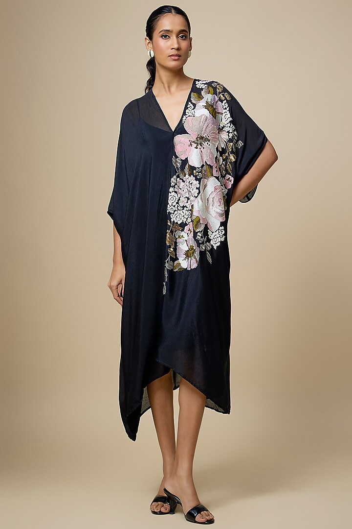 Black Crepe Chiffon Hand Embroidered Draped Midi Vacation Dress by Half Full Curve at Pernia's Pop Up Shop