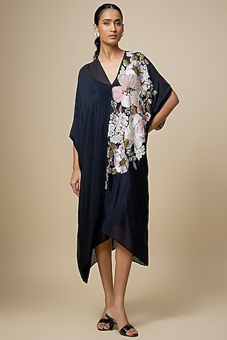 Black Crepe Chiffon Hand Embroidered Draped Midi Dress by Half Full Curve