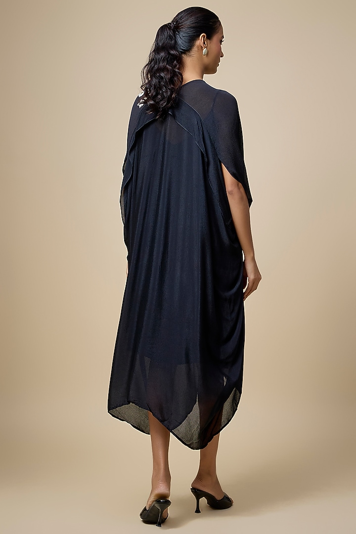 Black Crepe Chiffon Hand Embroidered Draped Midi Vacation Dress by Half Full Curve at Pernia's Pop Up Shop