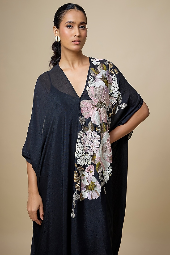 Black Crepe Chiffon Hand Embroidered Draped Midi Vacation Dress by Half Full Curve at Pernia's Pop Up Shop