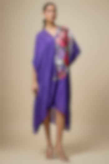 Purple Crepe Chiffon Hand Embroidered Draped Midi Vacation Dress by Half Full Curve at Pernia's Pop Up Shop