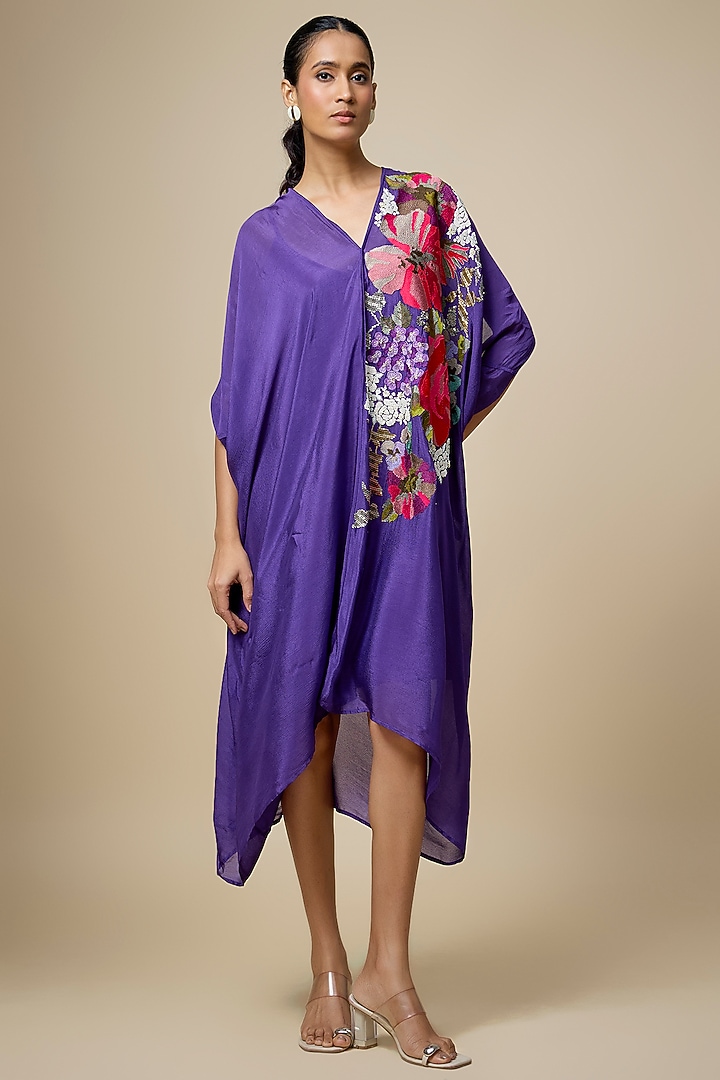 Purple Crepe Chiffon Hand Embroidered Draped Midi Vacation Dress by Half Full Curve at Pernia's Pop Up Shop