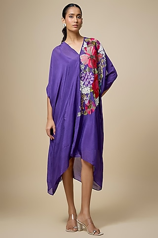 Purple Crepe Chiffon Hand Embroidered Draped Midi Dress by Half Full Curve