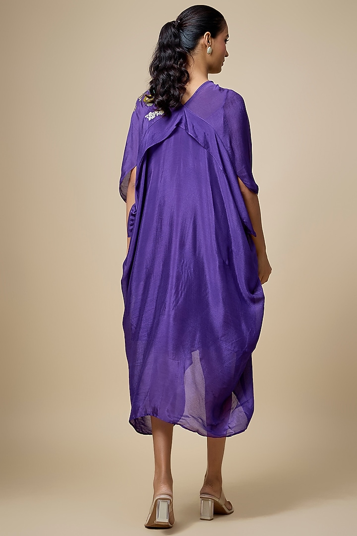Purple Crepe Chiffon Hand Embroidered Draped Midi Vacation Dress by Half Full Curve at Pernia's Pop Up Shop