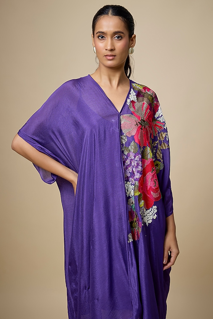 Purple Crepe Chiffon Hand Embroidered Draped Midi Vacation Dress by Half Full Curve at Pernia's Pop Up Shop
