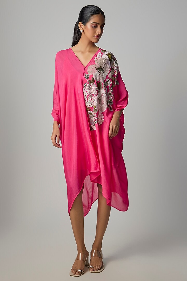 Pink Crepe Chiffon Embroidered Draped Kaftan by Half Full Curve at Pernia's Pop Up Shop