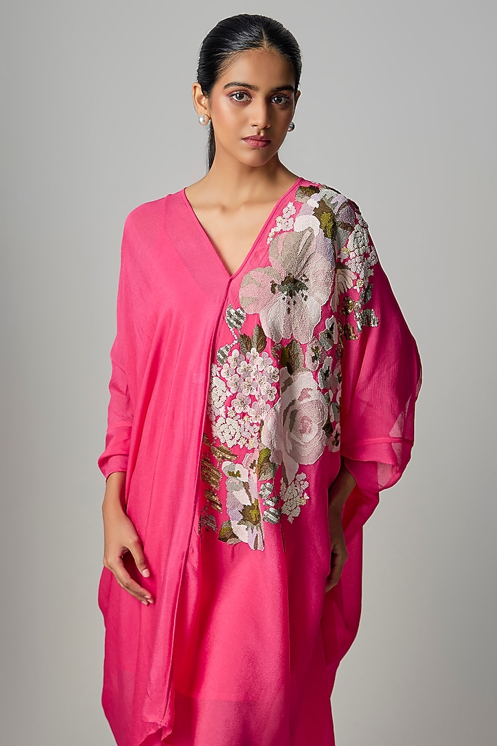 Pink Crepe Chiffon Embroidered Draped Kaftan by Half Full Curve at Pernia's Pop Up Shop