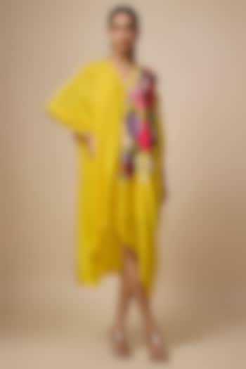 Yellow Crepe Chiffon Hand Embroidered Draped Midi Vacation Dress by Half Full Curve at Pernia's Pop Up Shop
