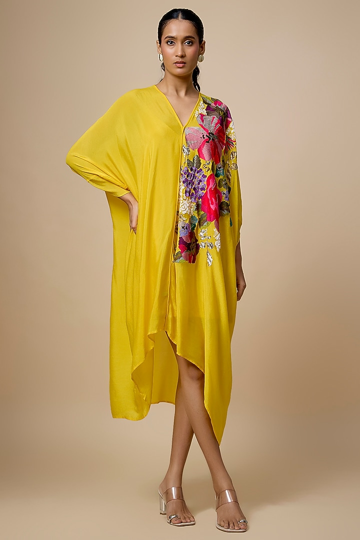 Yellow Crepe Chiffon Hand Embroidered Draped Midi Vacation Dress by Half Full Curve at Pernia's Pop Up Shop