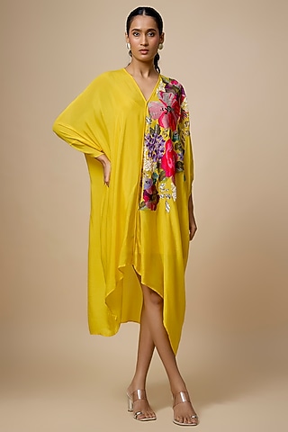 Yellow Crepe Chiffon Hand Embroidered Draped Midi Dress by Half Full Curve