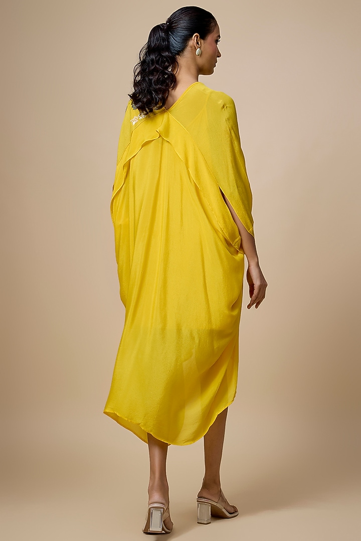 Yellow Crepe Chiffon Hand Embroidered Draped Midi Vacation Dress by Half Full Curve at Pernia's Pop Up Shop