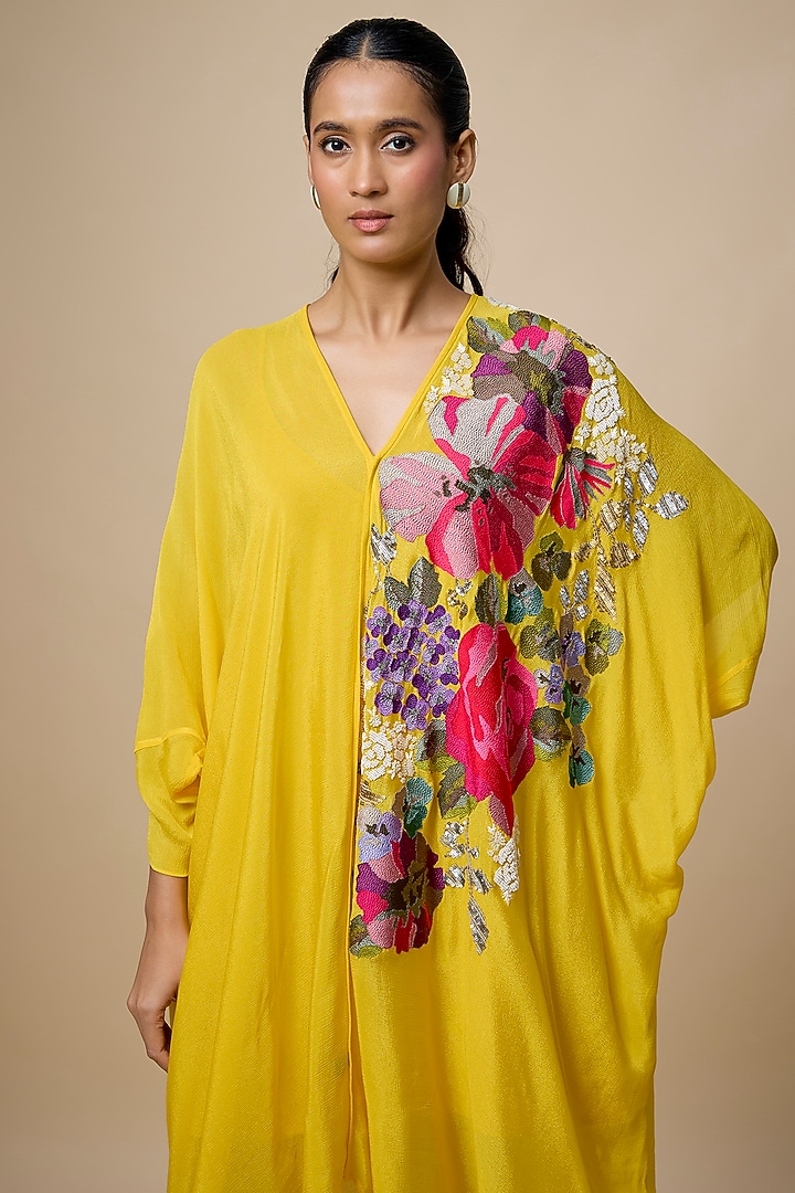 Yellow Crepe Chiffon Hand Embroidered Draped Midi Vacation Dress by Half Full Curve at Pernia's Pop Up Shop