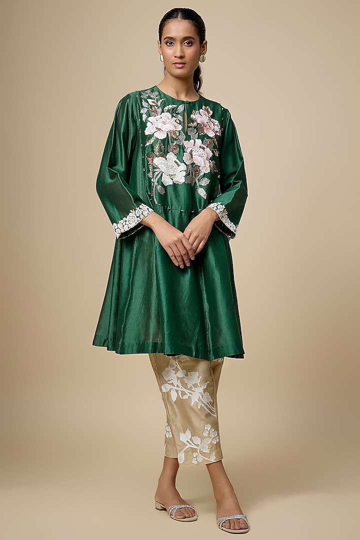 Green Heavy Chanderi Thread Hand Embroidered Short Wedding Anarkali Set by Half Full Curve at Pernia's Pop Up Shop