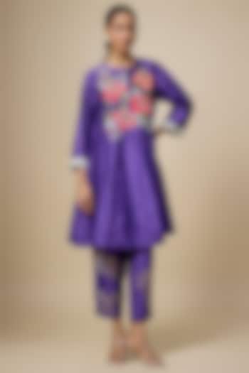 Purple Heavy Chanderi Thread Hand Embroidered Short Wedding Anarkali Set by Half Full Curve at Pernia's Pop Up Shop