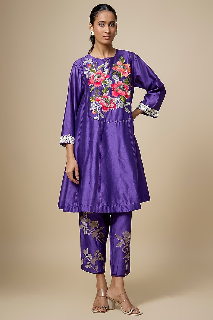 Purple Heavy Chanderi Thread Hand Embroidered Short Wedding Anarkali Set by Half Full Curve at Pernia's Pop Up Shop