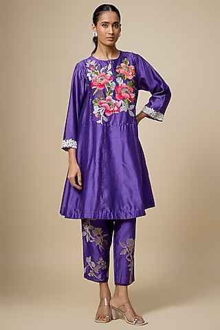 Purple Heavy Chanderi Thread Hand Embroidered Short Anarkali Set by Half Full Curve