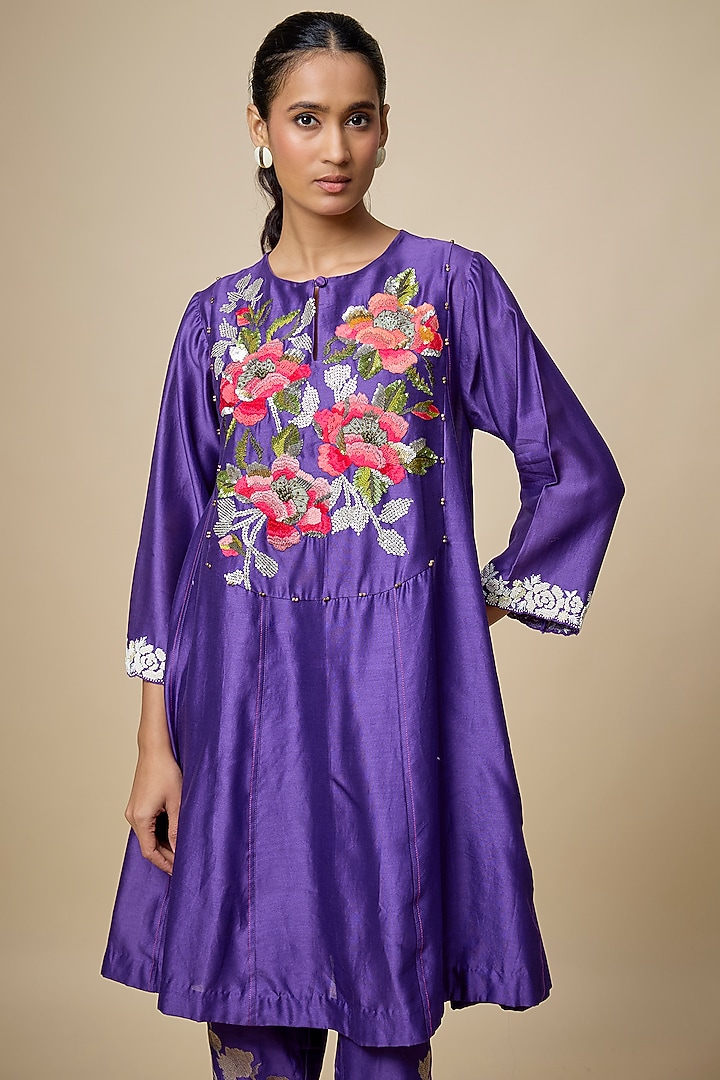 Purple Heavy Chanderi Thread Hand Embroidered Short Wedding Anarkali Set by Half Full Curve at Pernia's Pop Up Shop