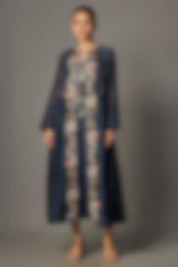 Navy Blue Fine Chanderi Embroidered Jacket With Inner by Half Full Curve at Pernia's Pop Up Shop
