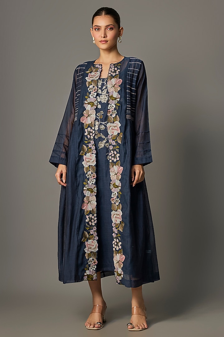 Navy Blue Fine Chanderi Embroidered Jacket With Inner by Half Full Curve at Pernia's Pop Up Shop