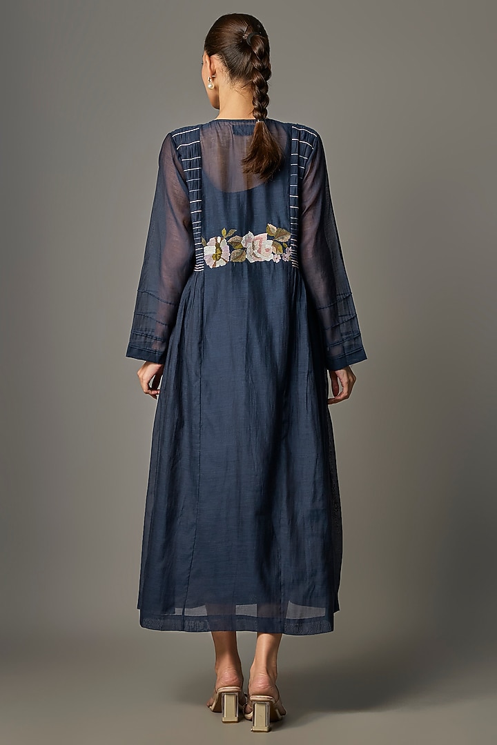 Navy Blue Fine Chanderi Embroidered Jacket With Inner by Half Full Curve at Pernia's Pop Up Shop