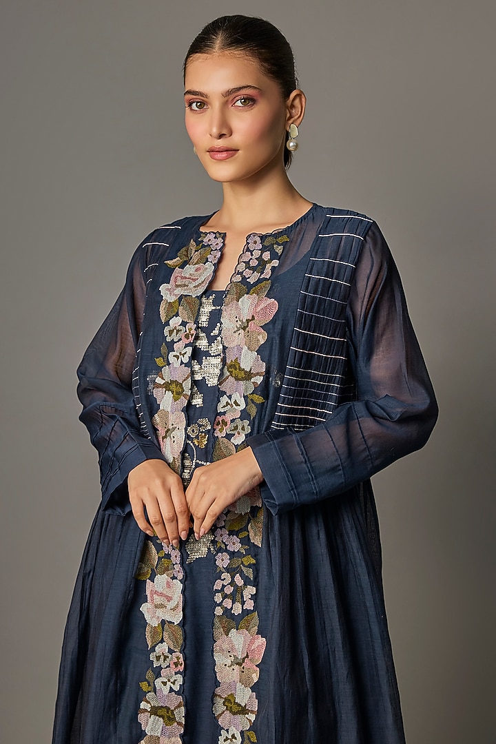 Navy Blue Fine Chanderi Embroidered Jacket With Inner by Half Full Curve at Pernia's Pop Up Shop
