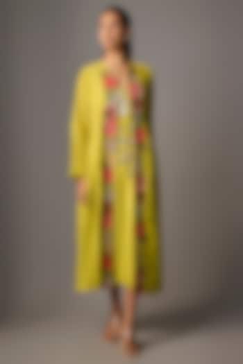 Lime Green Fine Chanderi Embroidered Jacket Set by Half Full Curve at Pernia's Pop Up Shop