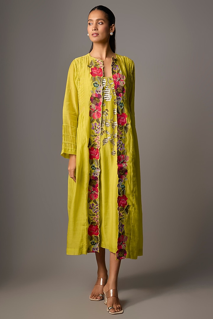 Lime Green Fine Chanderi Embroidered Jacket Set by Half Full Curve at Pernia's Pop Up Shop