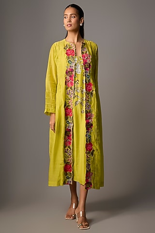 Lime Green Fine Chanderi Embroidered Jacket Set by Half Full Curve