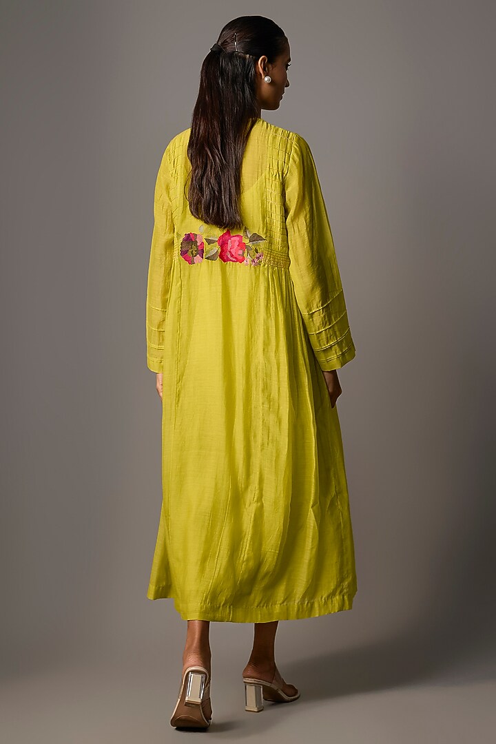 Lime Green Fine Chanderi Embroidered Jacket Set by Half Full Curve at Pernia's Pop Up Shop