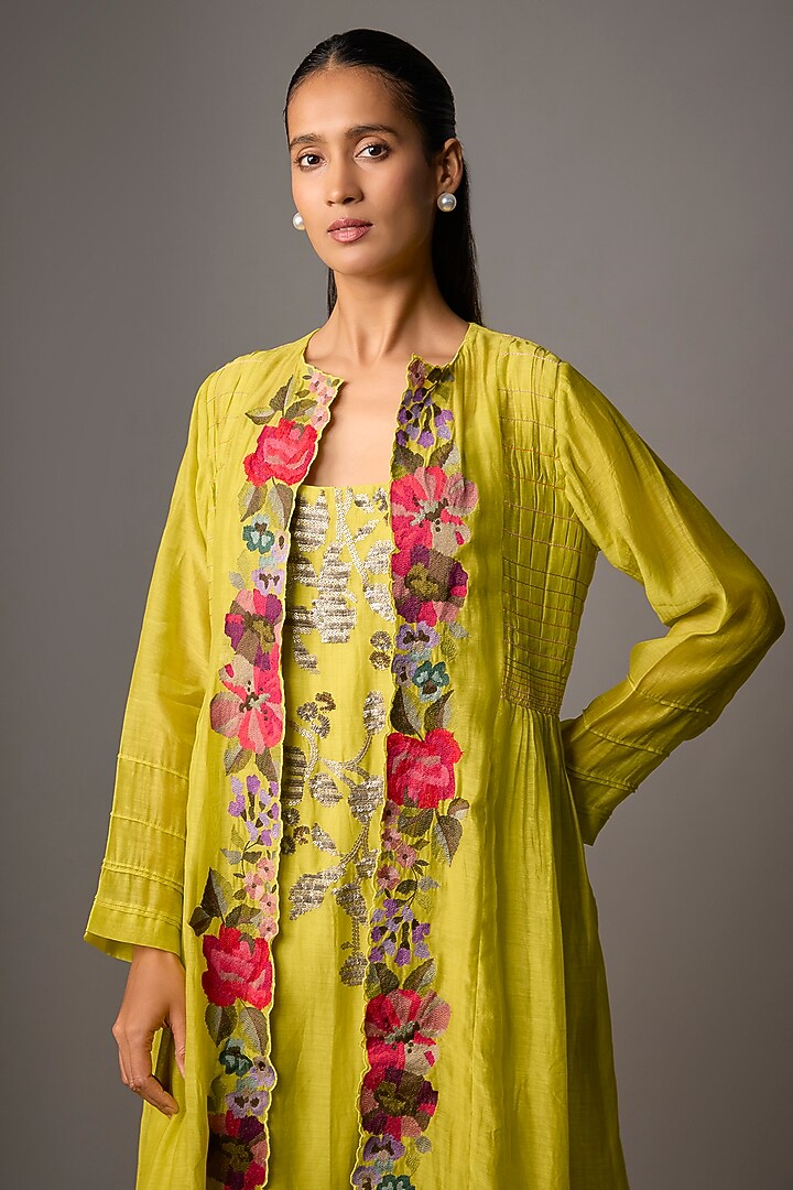 Lime Green Fine Chanderi Embroidered Jacket Set by Half Full Curve at Pernia's Pop Up Shop