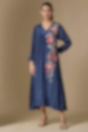 Blue Crepe Chiffon Hand Embroidered Panel Vacation Dress by Half Full Curve at Pernia's Pop Up Shop