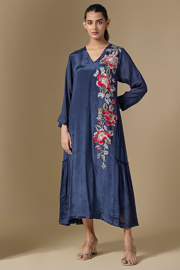Blue Crepe Chiffon Hand Embroidered Panel Vacation Dress by Half Full Curve at Pernia's Pop Up Shop