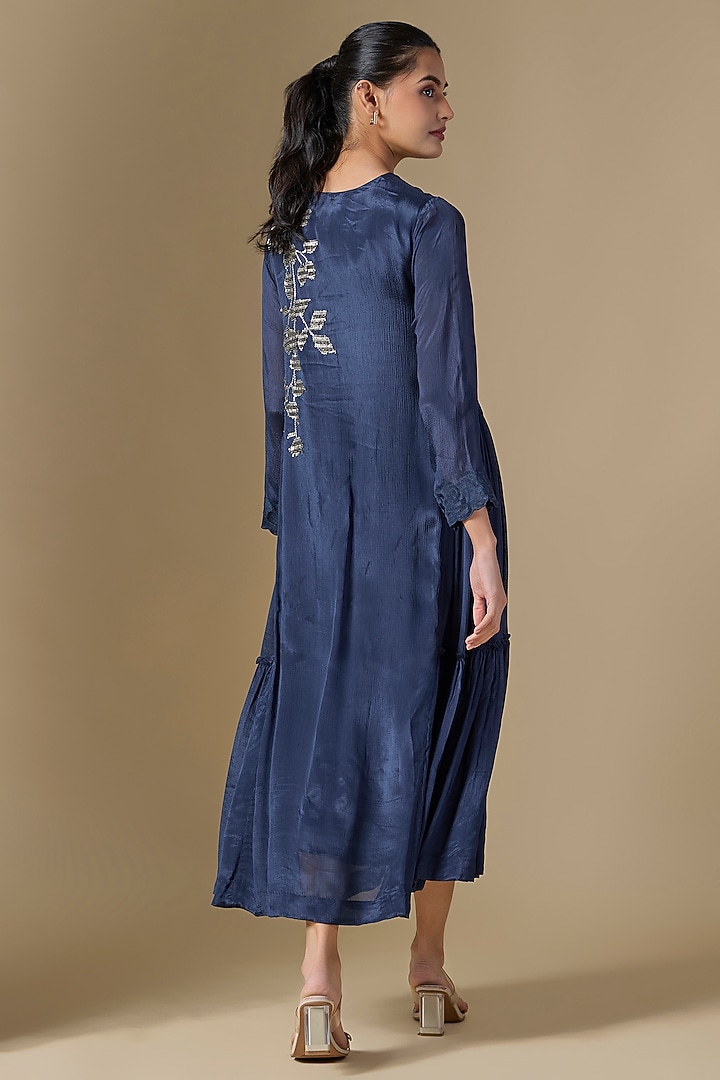 Blue Crepe Chiffon Hand Embroidered Panel Vacation Dress by Half Full Curve at Pernia's Pop Up Shop
