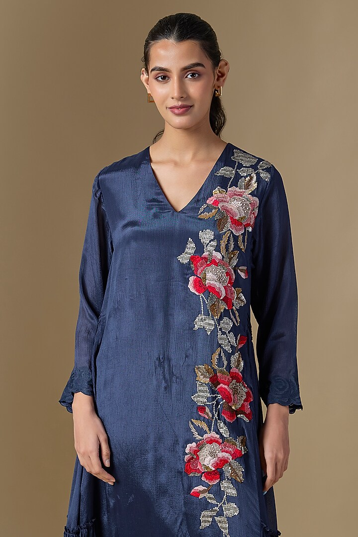 Blue Crepe Chiffon Hand Embroidered Panel Vacation Dress by Half Full Curve at Pernia's Pop Up Shop