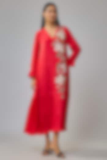 Red Crepe Chiffon Hand Embroidered Panel Vacation Dress by Half Full Curve at Pernia's Pop Up Shop